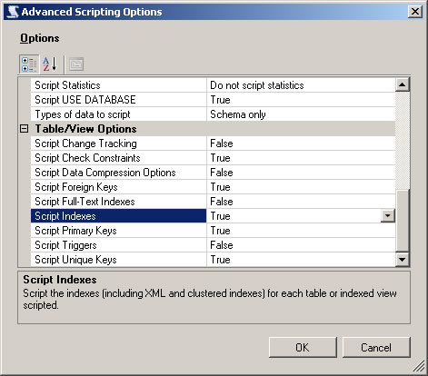 Scripting indexes with the Generate Scripts advanced scripting options